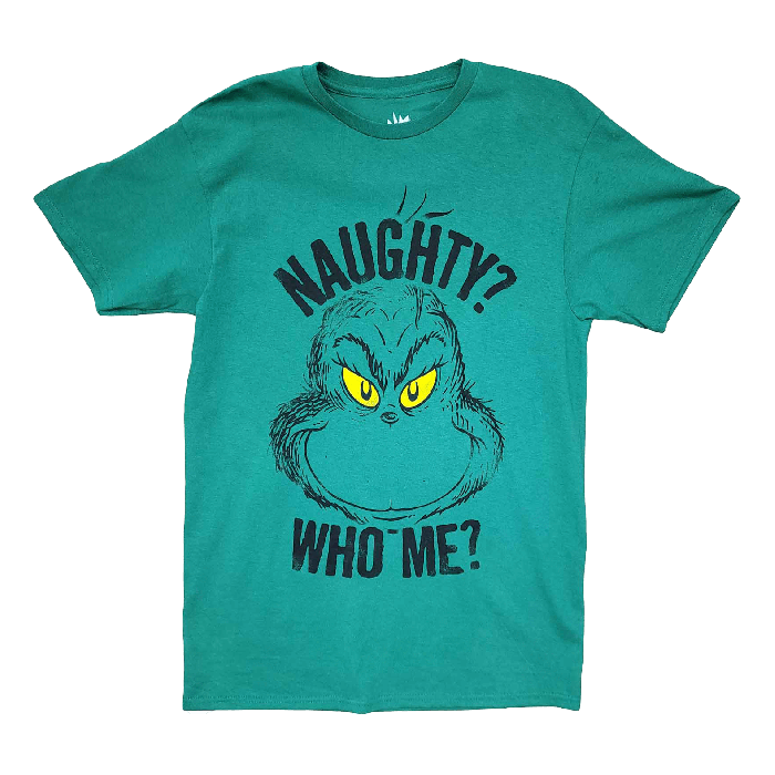 New Men's Dr Suess The Grinch Naughty Who Me? Green Retro Vintage T-Shirt Tee
